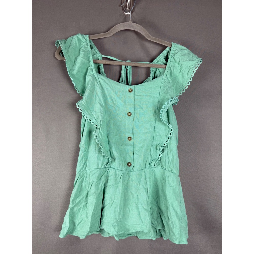 moa moa Peplum Blouse Womens Medium Green Ruffle Eyelet Button Front Back Tie